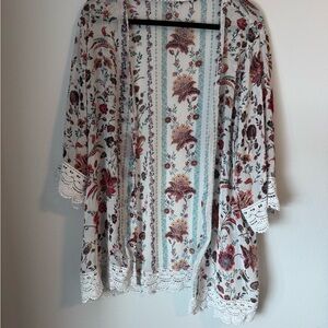 Floral Lace Trim Kimono Cardigan